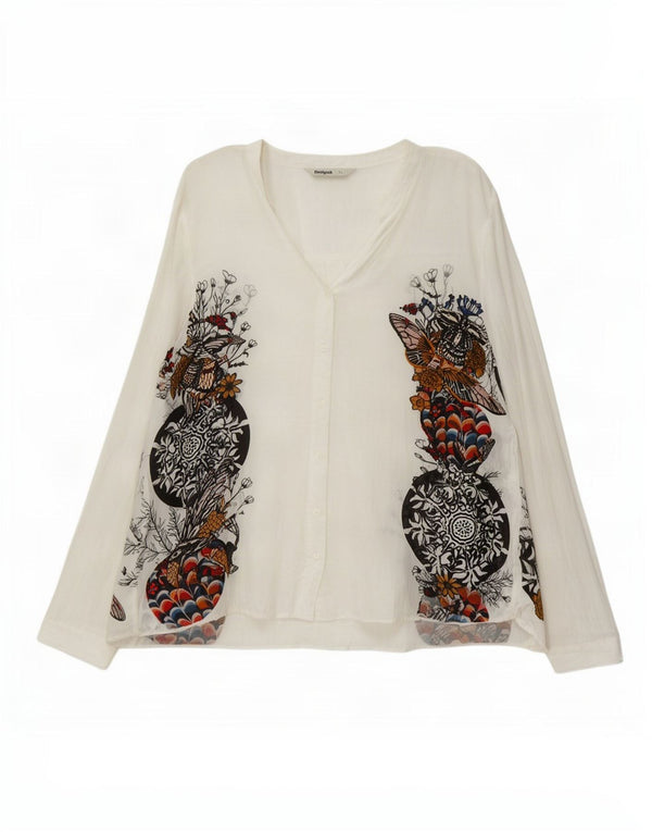 Desigual Womens Graphic Shirt Blouse UK 18 XL White Floral Viscose