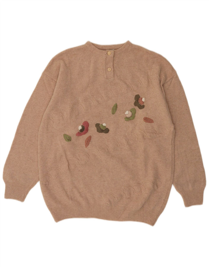 VINTAGE Pulover pentru damă cu gât cu nasturi UK 14 Medium Bej Floral