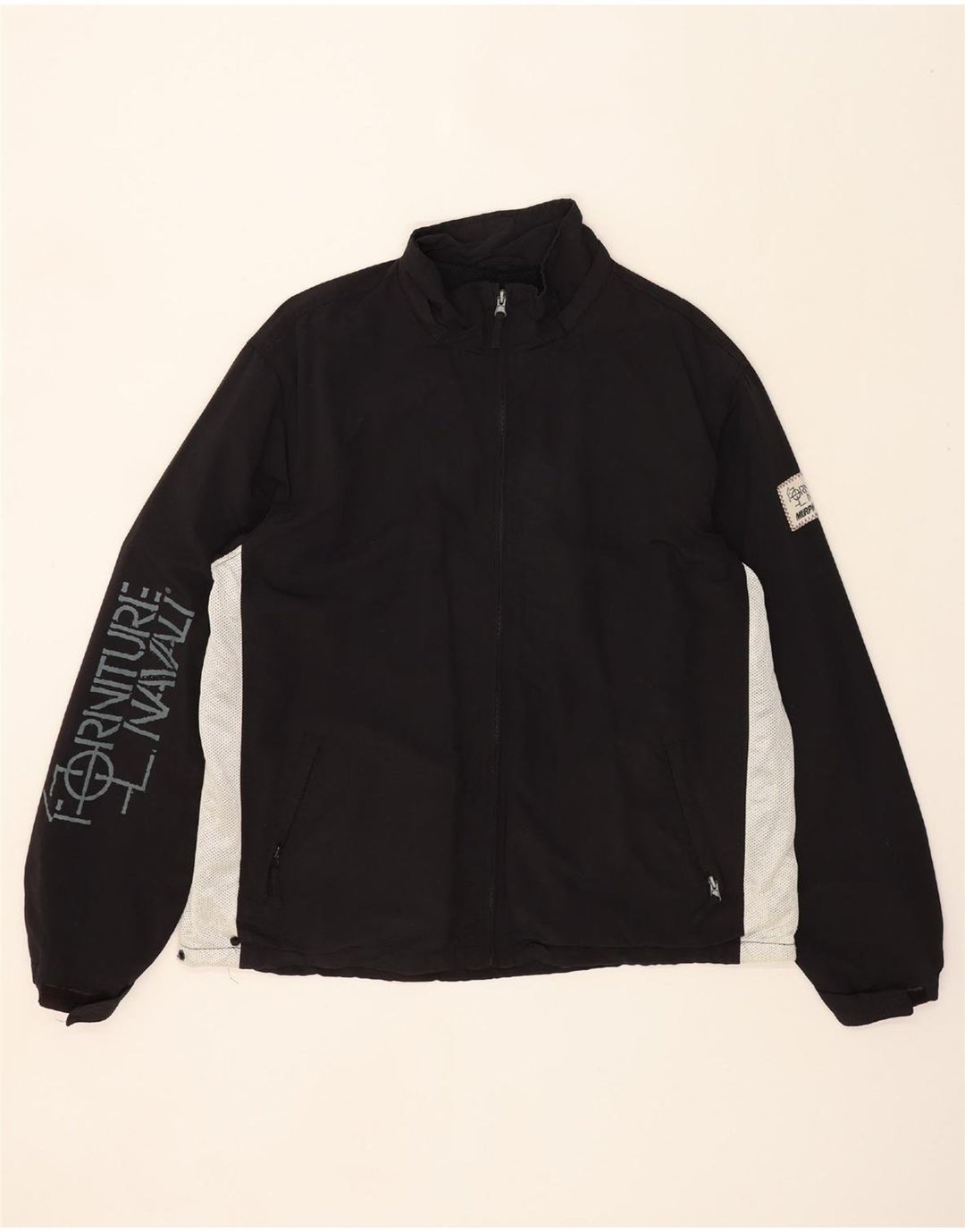MURPHY & NYE Mens Graphic Rain Jacket UK 44 2XL Black Colourblock Vintage Murphy & Nye and Second-Hand Murphy & Nye from Messina Hembry 