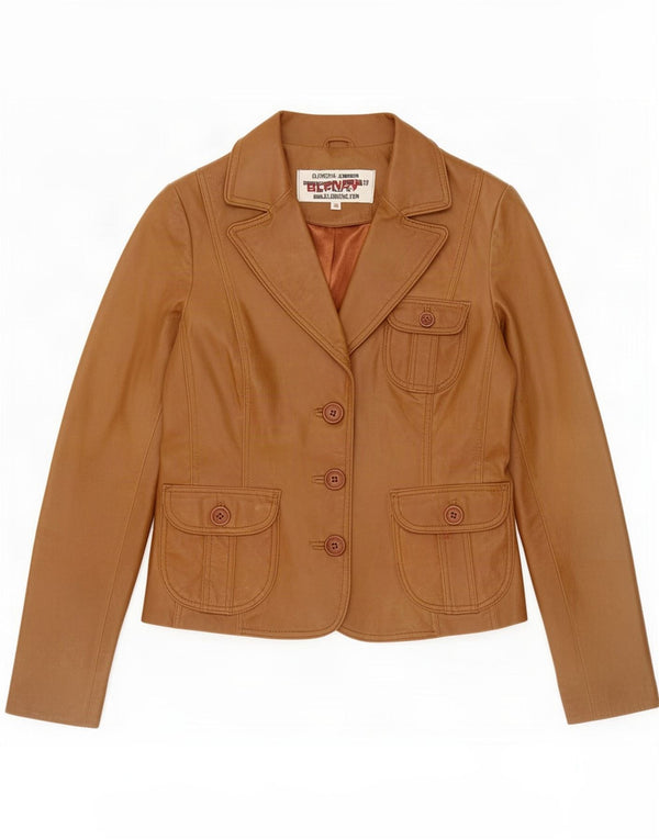 Blend Womens 3 Button Leather Blazer Jacket EU 38 Medium Brown