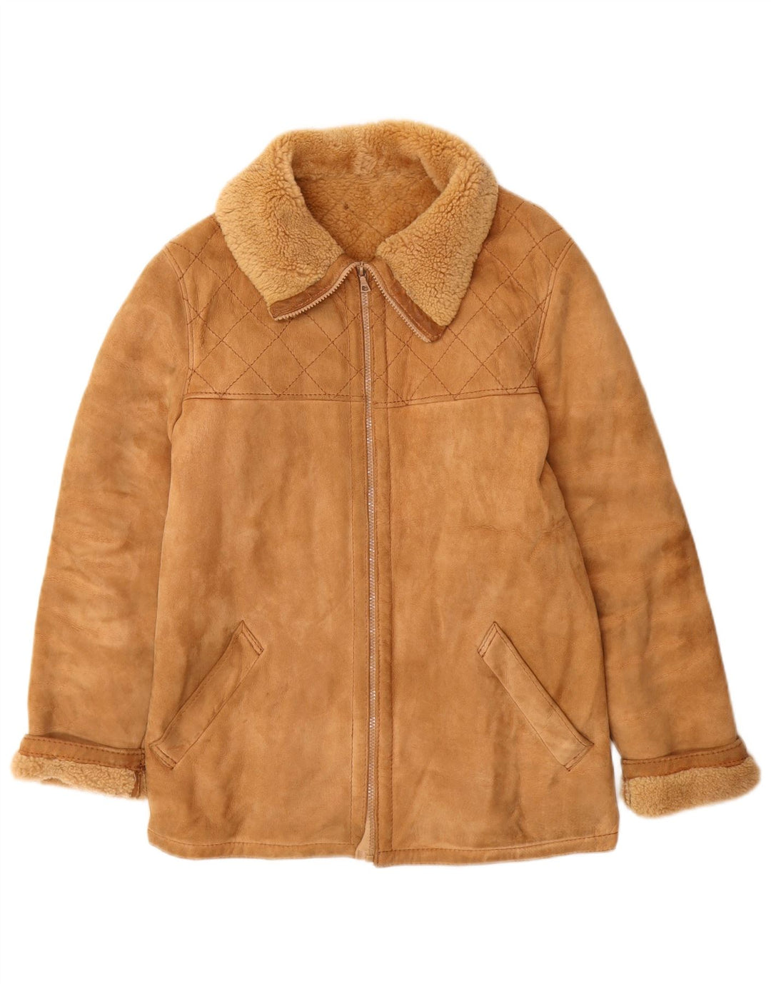 Jachetă vintage pentru femei din shearling IT 46 din piele mare bej