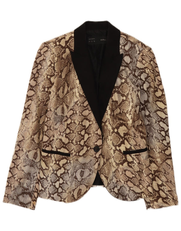 Blazer pentru femei Zara cu 1 nasture UK 14 mare, bej, bumbac cu imprimeu animal