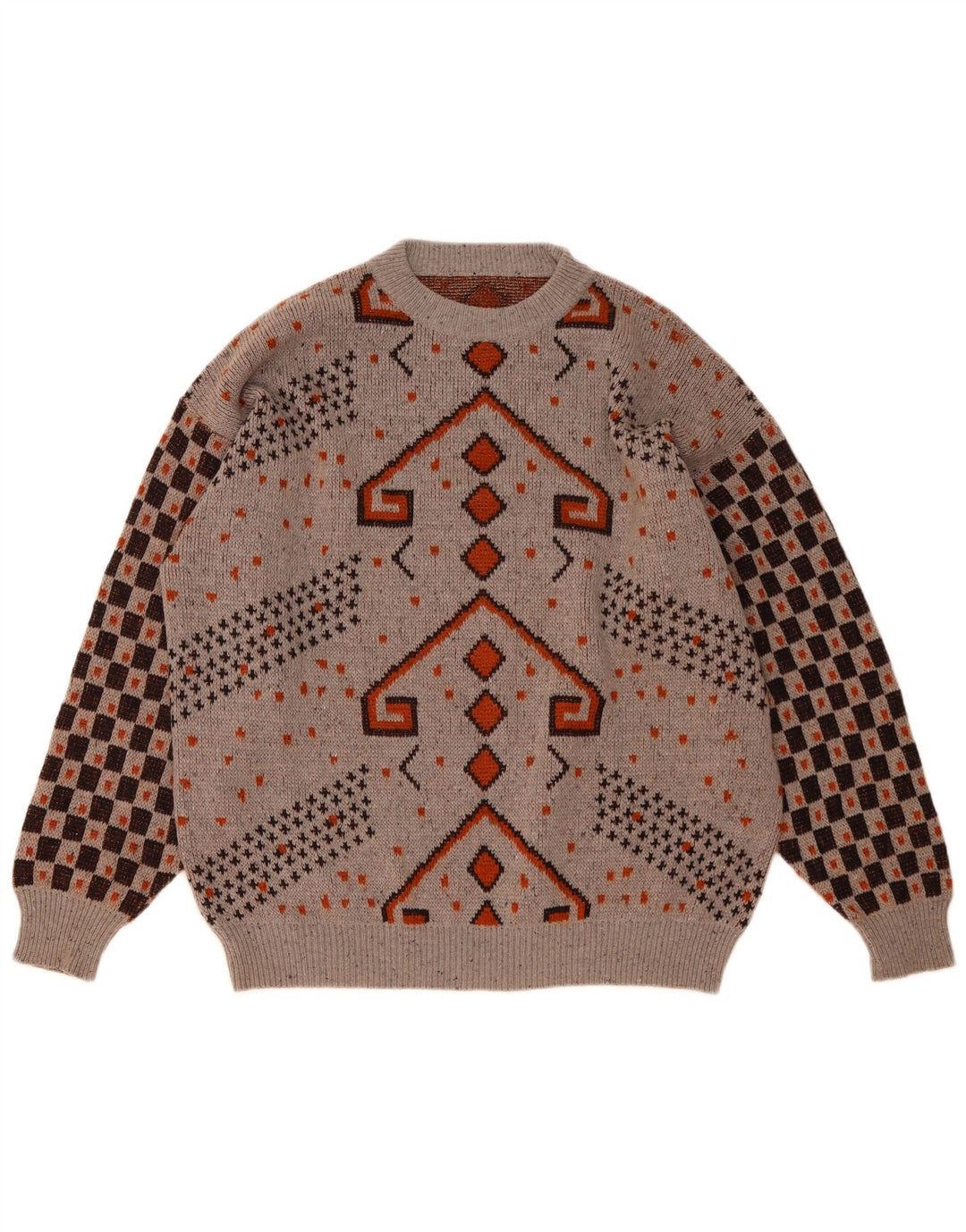 Pulover vintage pentru bărbați cu gât roșu IT 52 mare lână geometrică gri