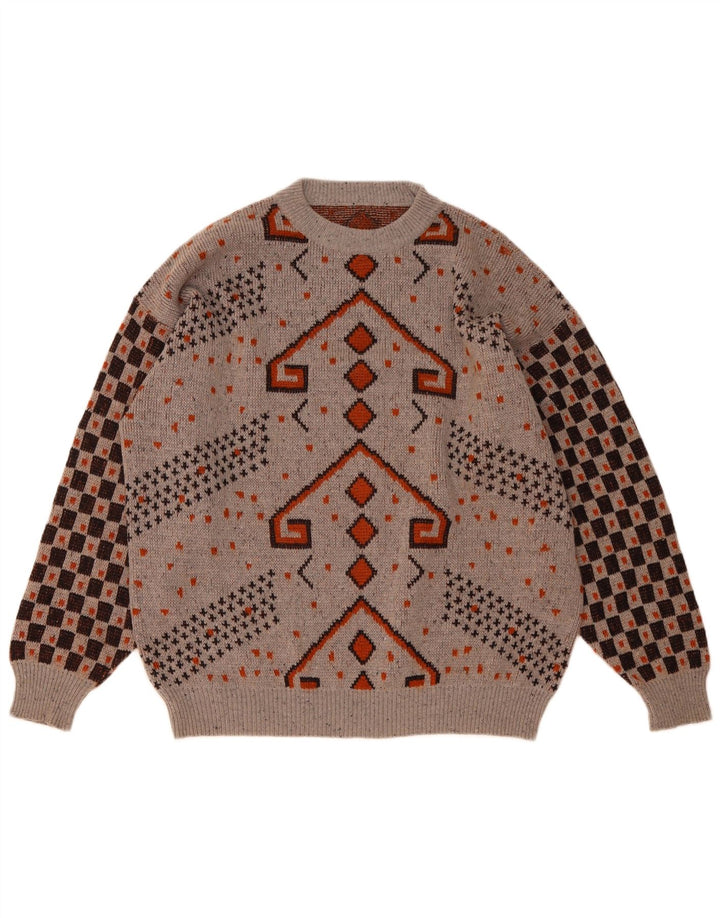 Pulover vintage pentru bărbați cu gât roșu IT 52 mare lână geometrică gri