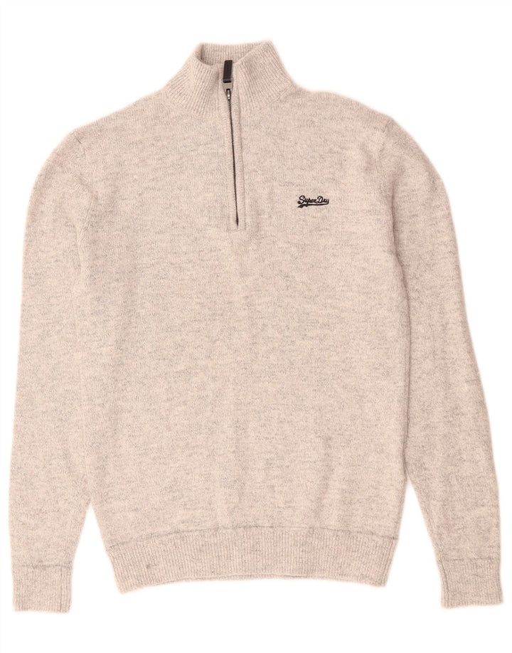 Pulover Superdry pentru bărbați, cu fermoar, cu gât, bumbac, gri mic