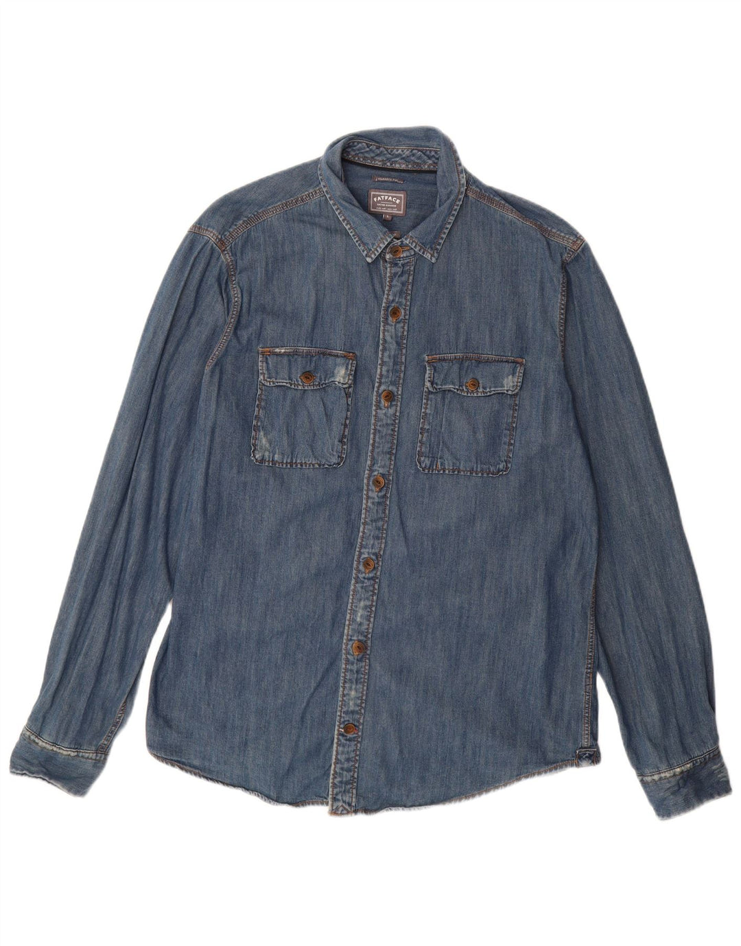 FAT FACE Cămașă de blugi învechită pentru bărbați, de culoare clasică, bumbac albastru mare