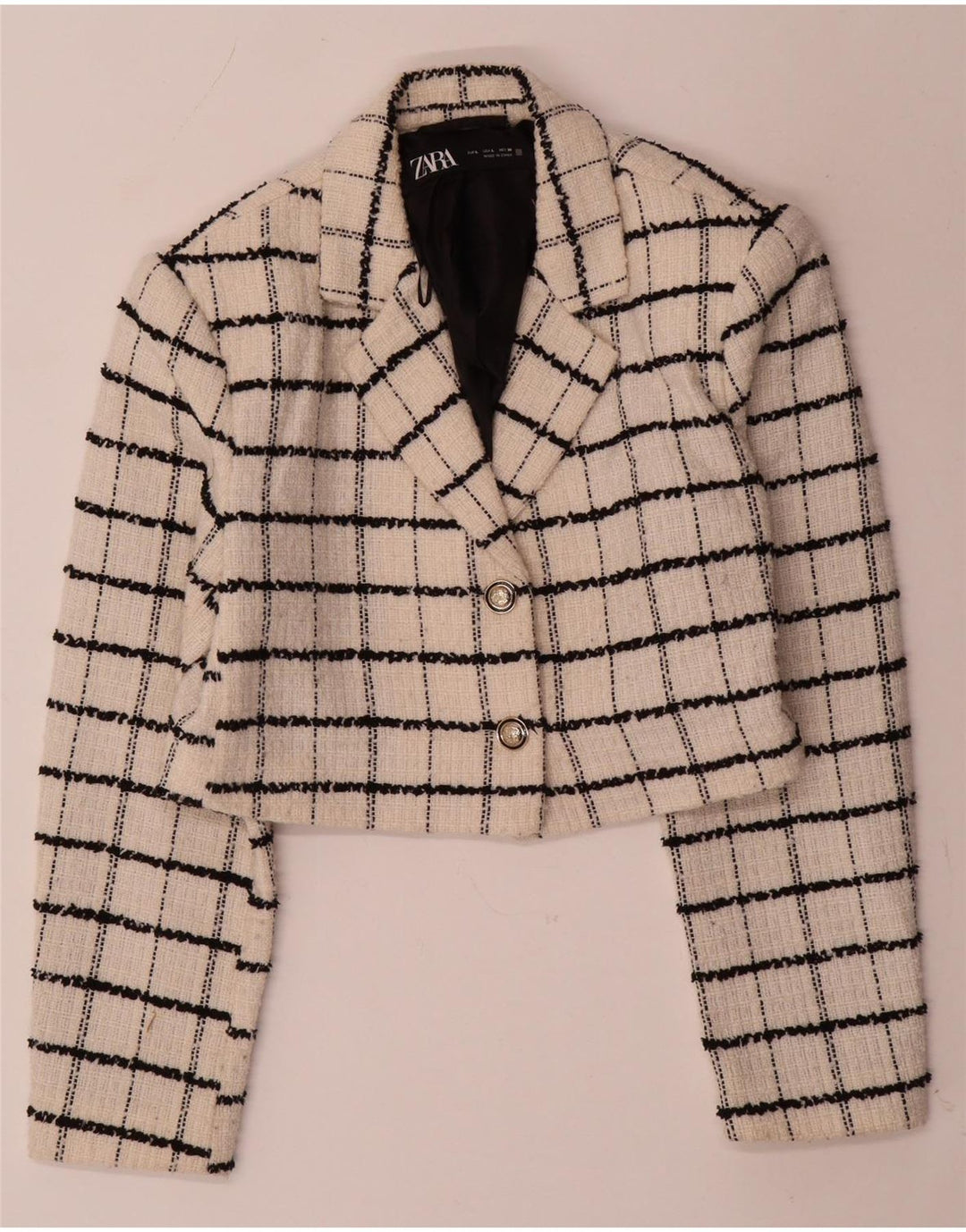 Jachetă ZARA pentru femei Crop 2 Button Blazer UK 14 Lână mare, bej, carouri