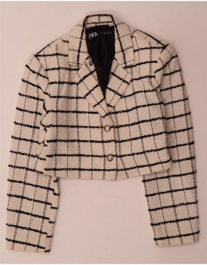 Jachetă ZARA pentru femei Crop 2 Button Blazer UK 14 Lână mare, bej, carouri