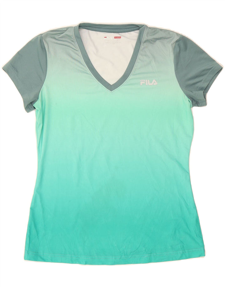 FILA Womens T-Shirt Top UK 12 Medium Turquoise Colourblock Polyester Vintage Fila and Second-Hand Fila from Messina Hembry 