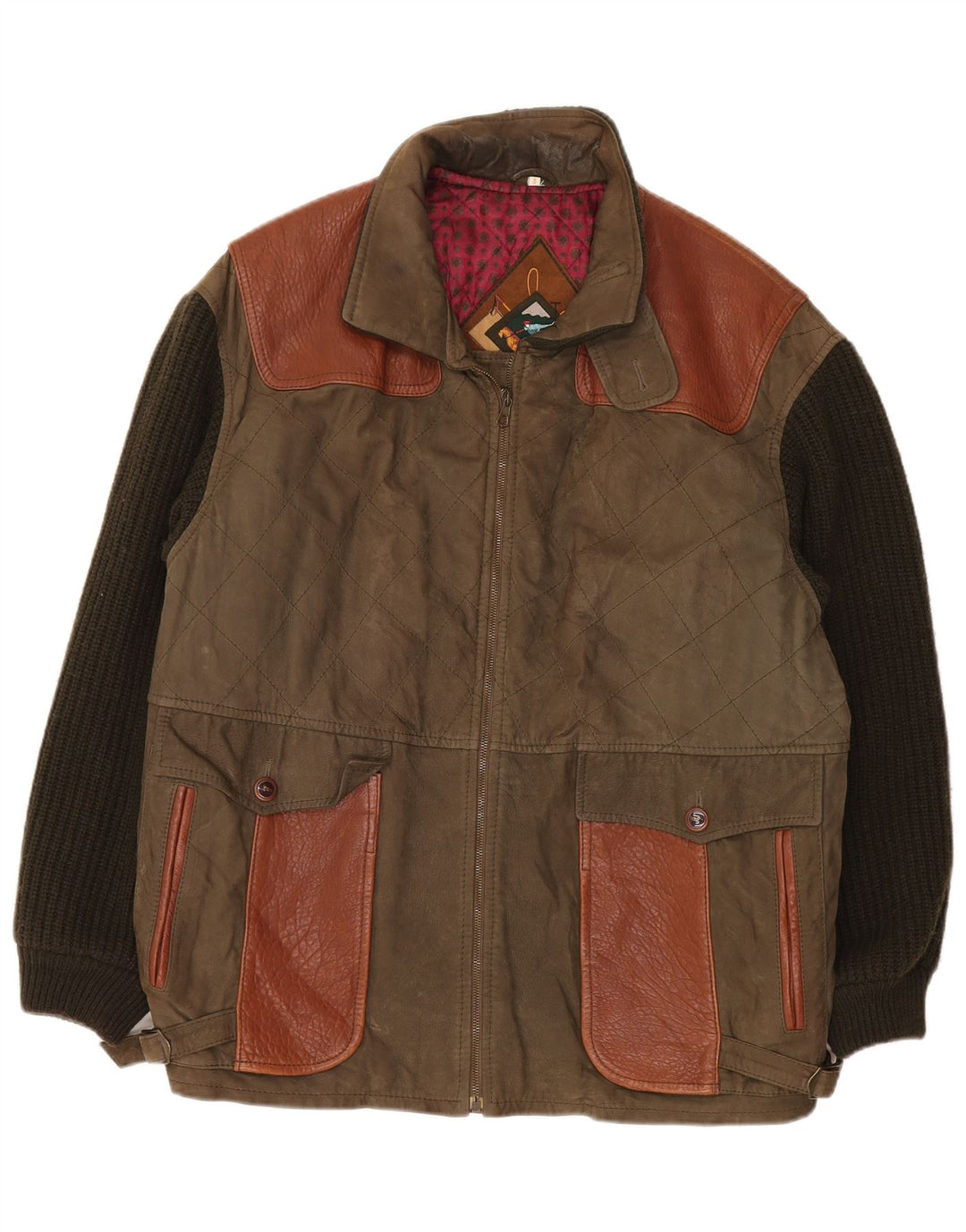 Jachetă din piele vintage pentru bărbați UK 42 XL Kaki Colorblock Clasic