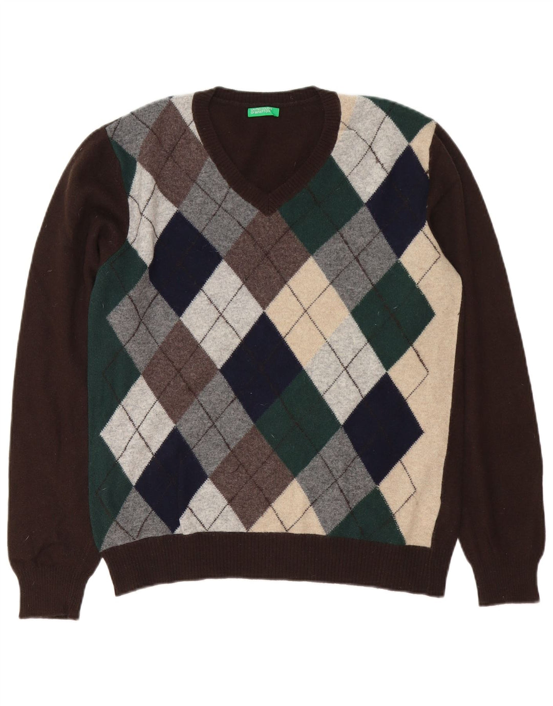 Pulover cu decolteu în V Benetton pentru bărbați, maro mediu, lână Argyle/Diamond