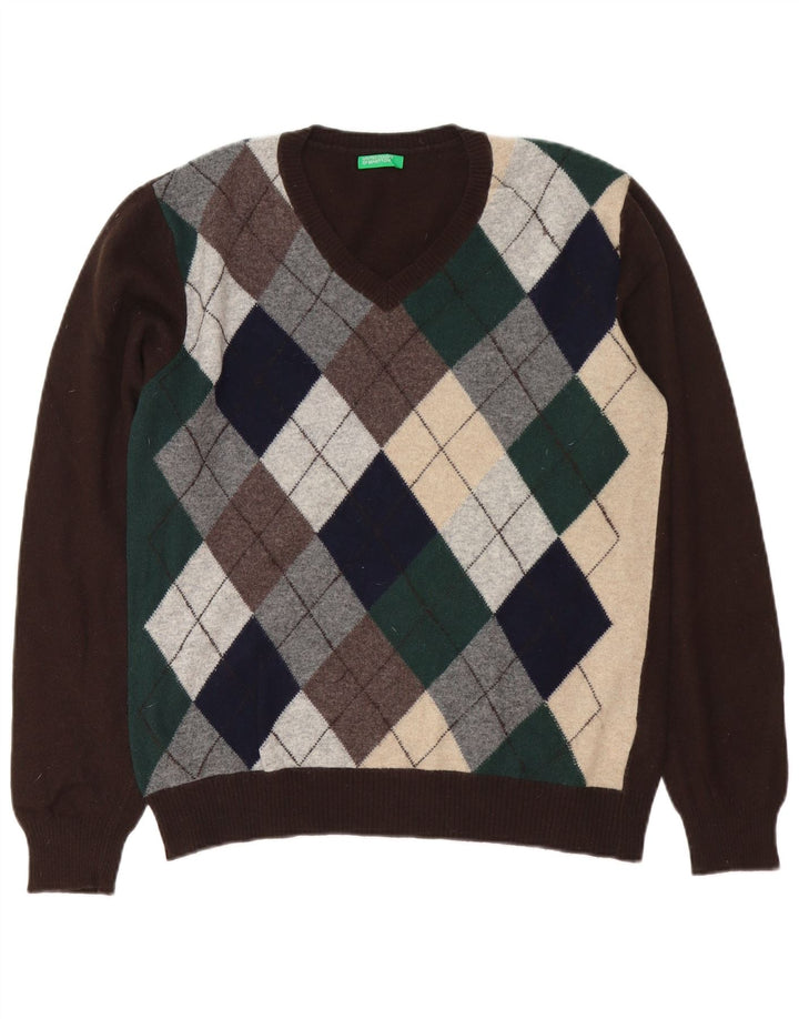 Pulover cu decolteu în V Benetton pentru bărbați, maro mediu, lână Argyle/Diamond