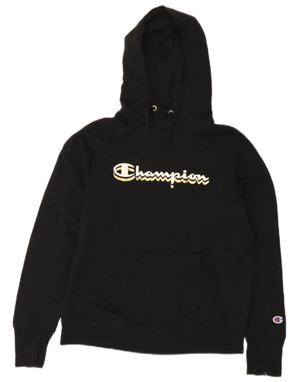 Champion Womens Graphic Hoodie Jumper UK 14 Medium Black Polyester