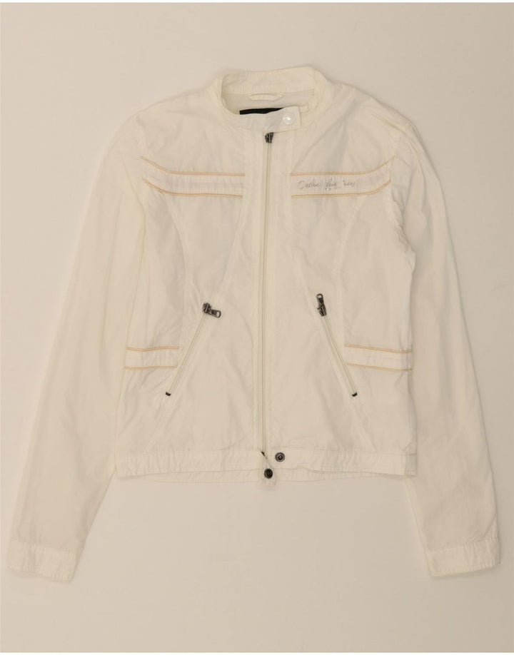CALVIN KLEIN JEANS Womens Crop Bomber Jacket UK 12 Medium White Polyester Vintage Calvin Klein Jeans and Second-Hand Calvin Klein Jeans from Messina Hembry 