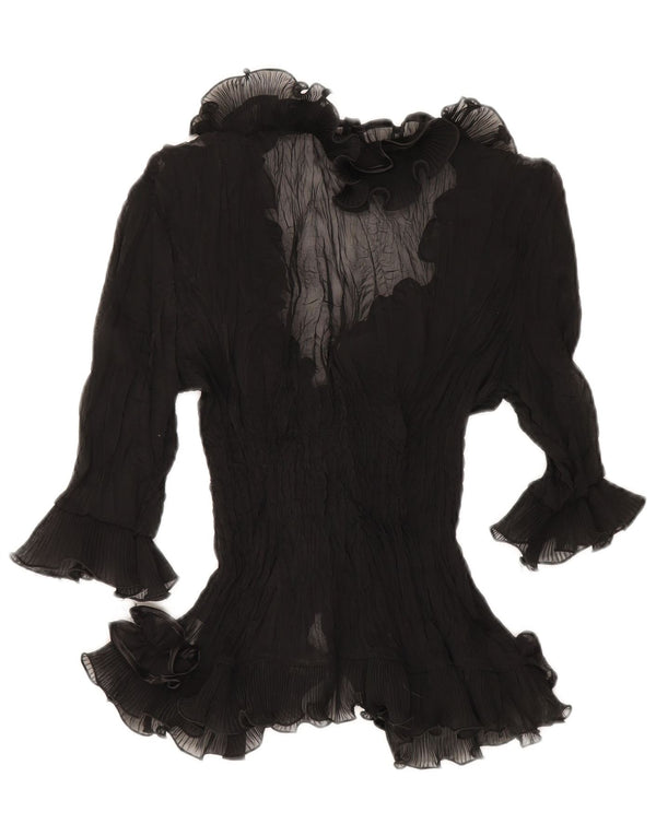 Bluză de cămașă cu volane în față pentru femei vintage UK 10 Poliester negru mic