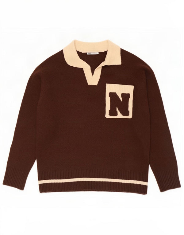 Pulover cu gât polo cu grafică Zara pentru bărbați, maro mediu, acrilic