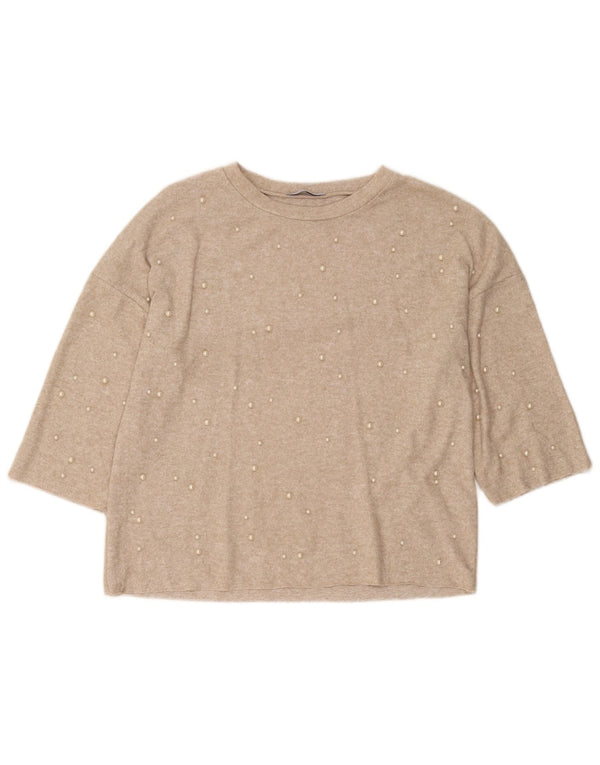 Pulover Trafaluc pentru femei Zara, cu mâneci 3/4 UK 10, mic, bej, pete