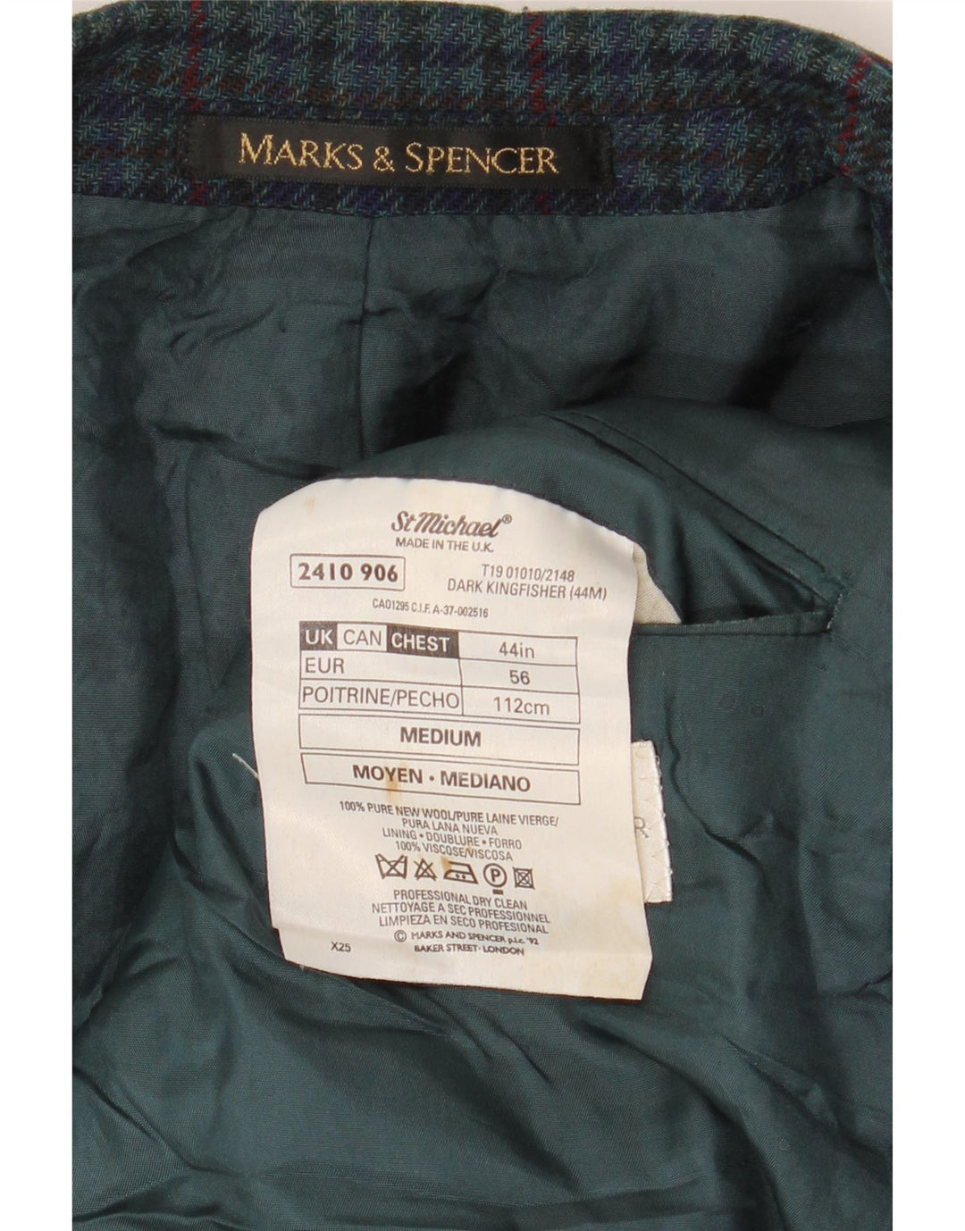Marks & Spencer pentru bărbați St. Michael Blazer Jacket UK 44 XL Green Houndstooth
