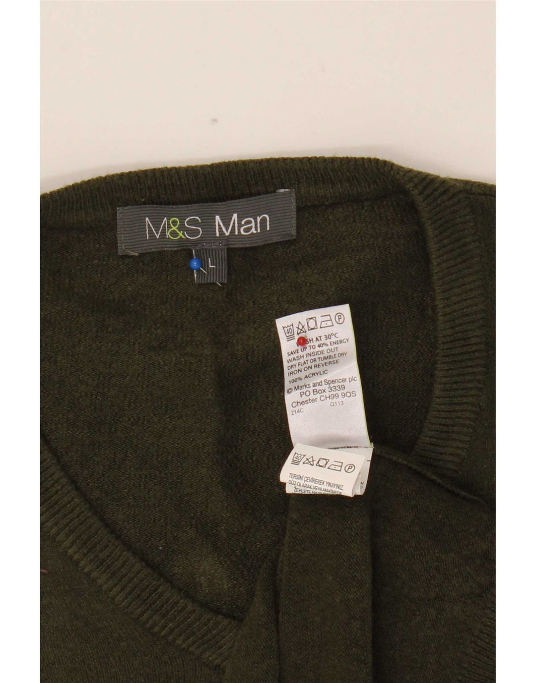 Pulover pentru bărbați Marks & Spencer, cu decolteu în V, mare, acrilic, kaki