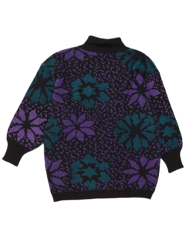 Pulover vintage cu gât rulat pentru femei UK 16 mare, negru, floral