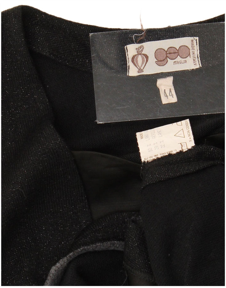 Pulover cardigan deschis pentru femei Vintage IT 44 Lână virgină neagră medie