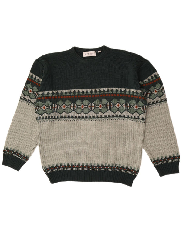 Pulover vintage pentru bărbați cu gâtul turnat, mare, verde, acrilic Fair Isle