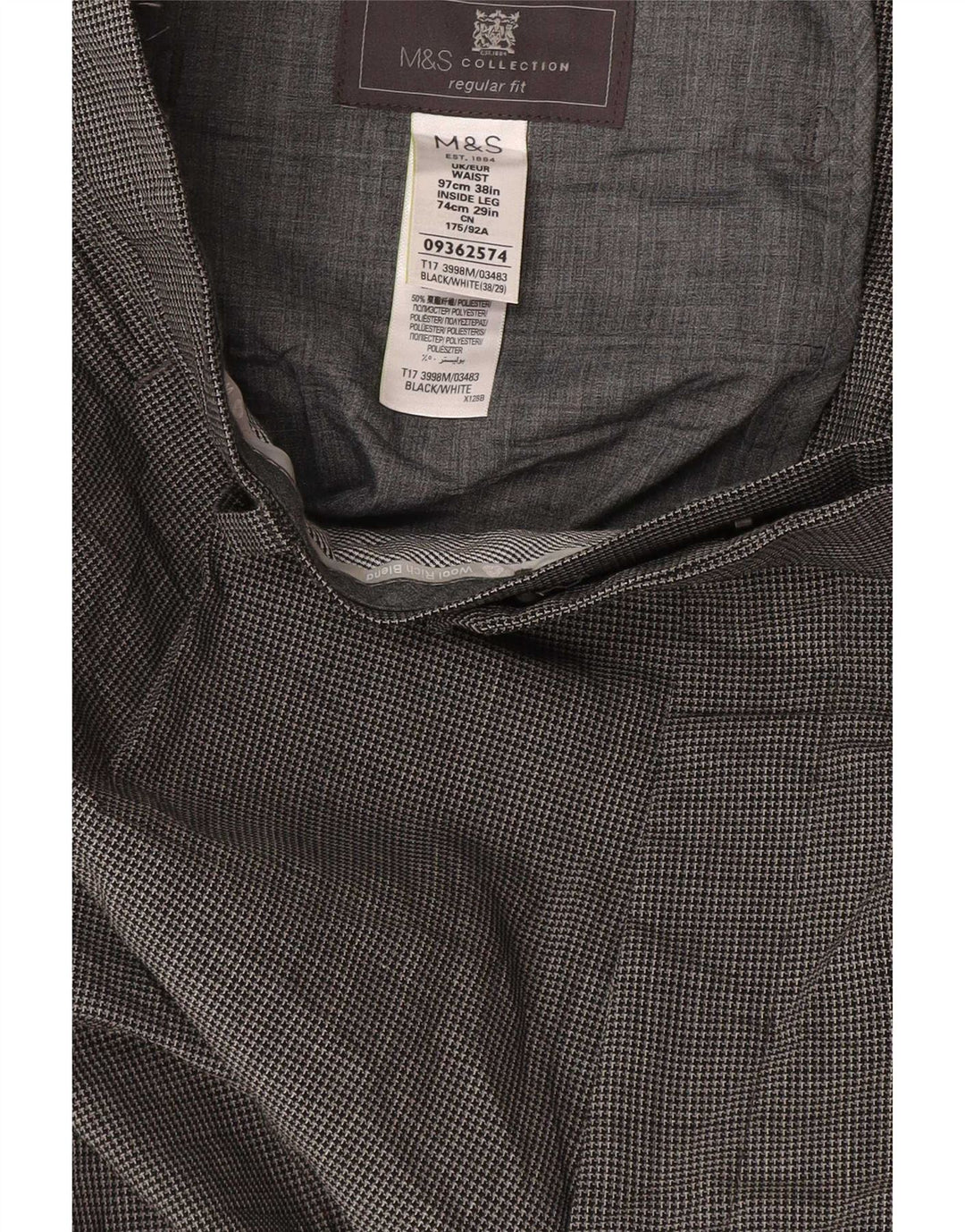 Pantaloni de costum drept bărbați Marks & Spencer L38 L29 Gri Houndstooth