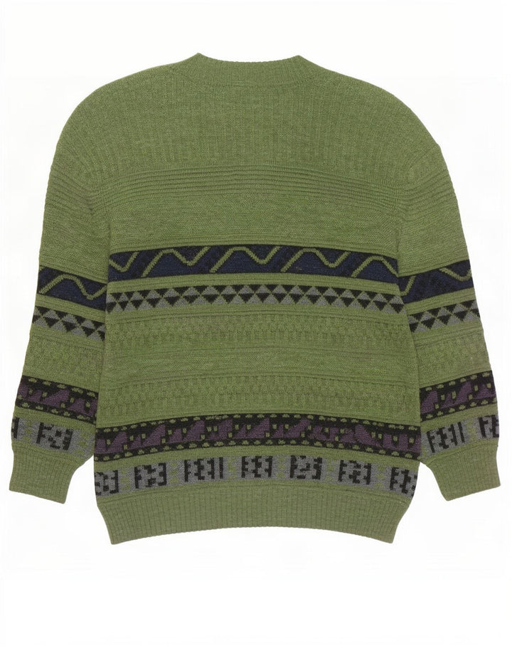 Pulover vintage pentru bărbați cu decolteu triplu, verde mediu geometric