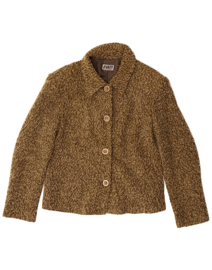 Jachetă vintage pentru femei cu 4 nasturi, UK 14, mediu kaki, acrilic cu pături