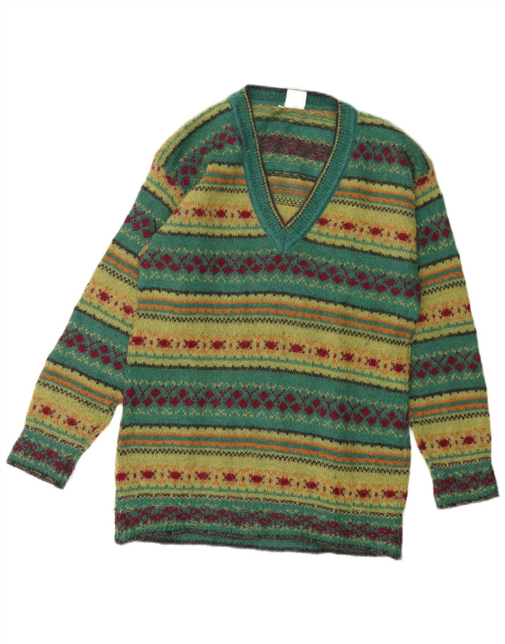 PIU VERONA Pulover cu decolteu în V pentru femei UK 14 Medium Green Fair Isle