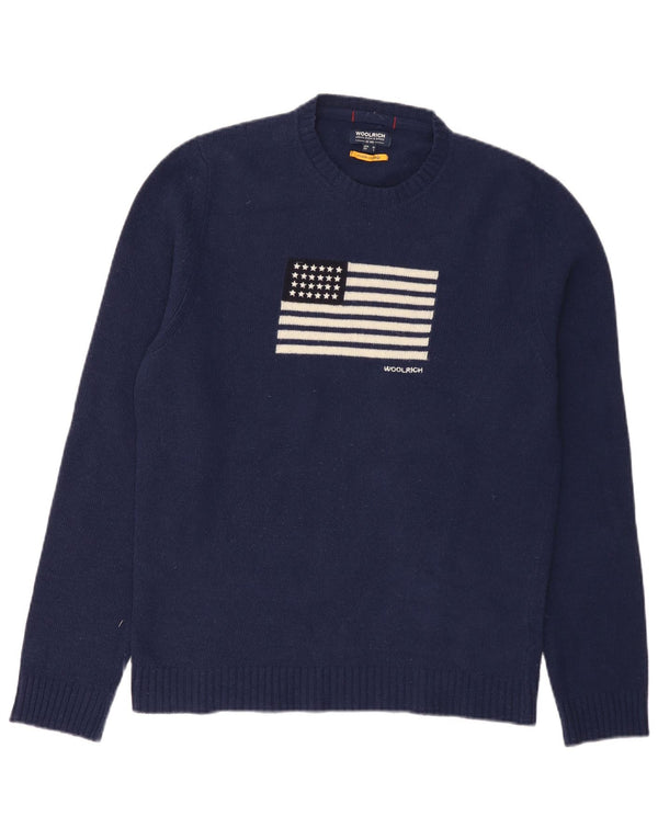 Woolrich Mens Graphic Crew Neck Jumper Sweater Medium Navy Blue Wool USA