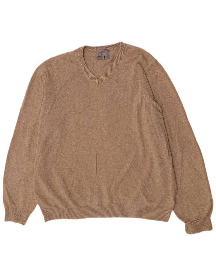 Pulover pentru bărbați Marks & Spencer, cu decolteu în V, XL, bumbac, bej