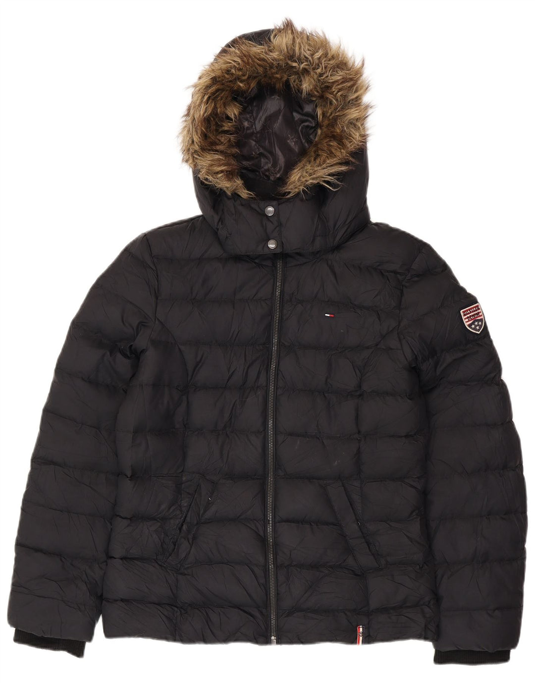 TOMMY HILFIGER Jachetă căptușită cu glugă pentru femei UK 16 Poliester negru mare