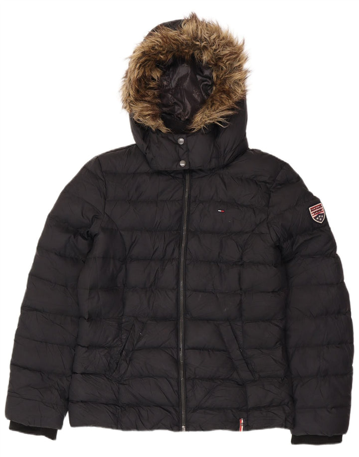 TOMMY HILFIGER Jachetă căptușită cu glugă pentru femei UK 16 Poliester negru mare