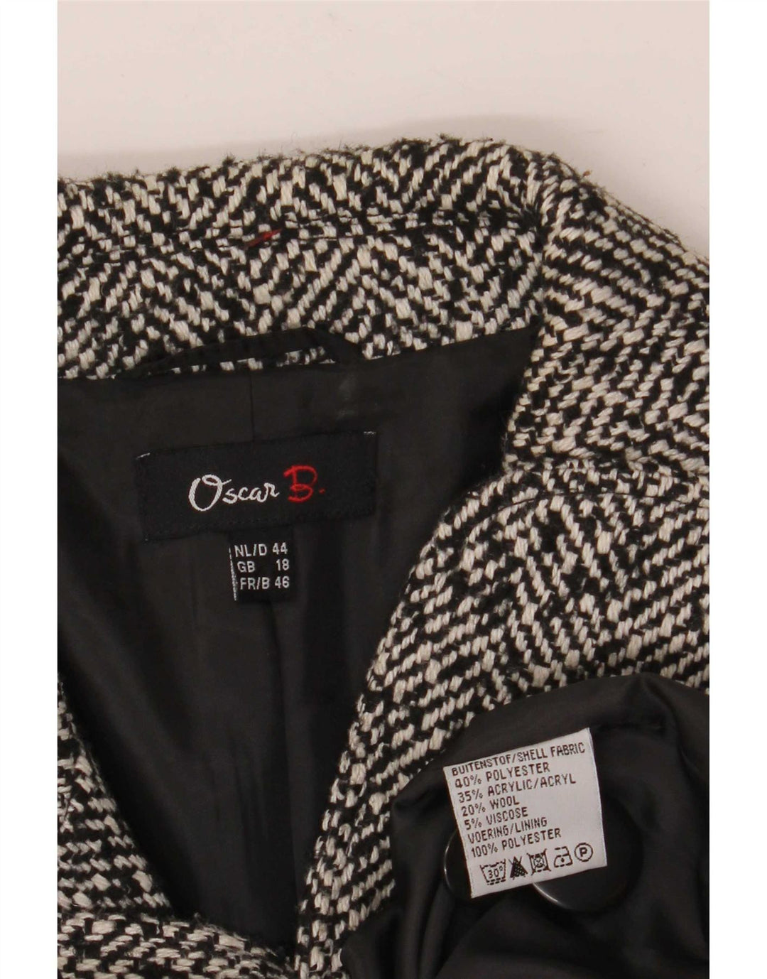 Sacou blazer pentru femei Oscar B, cu 3 nasturi, UK 18 XL, poliester chevron negru