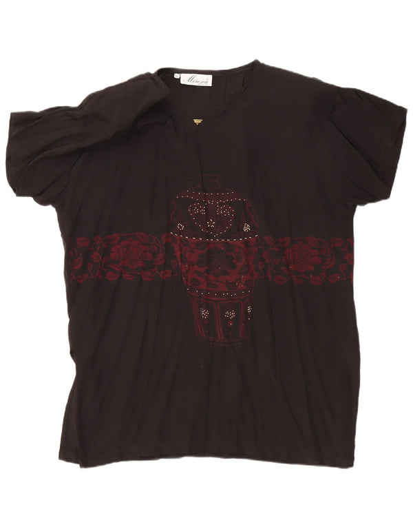 Bluză supradimensionată cu grafică vintage pentru femei UK 14 Medium Black Floral