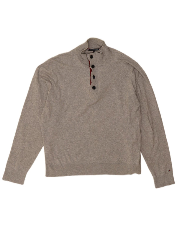 Pulover pentru bărbați Tommy Hilfiger, cu gât cu nasturi, bumbac gri 2XL