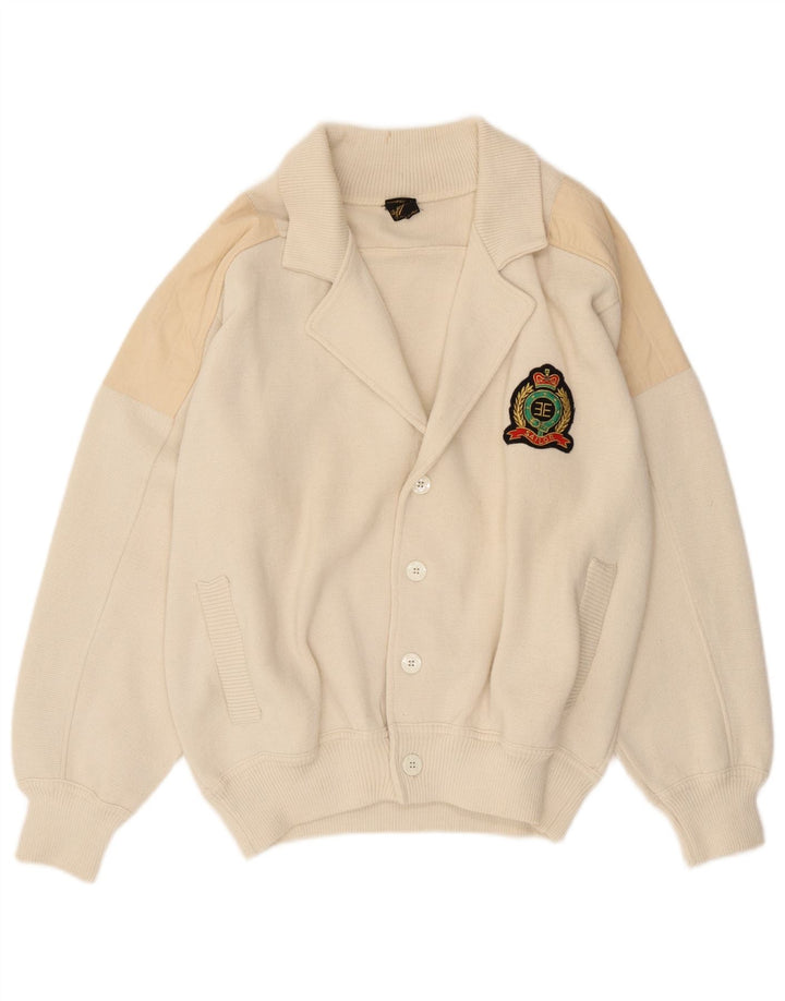 Pulover cardigan pentru bărbați VINTAGE, lână albă medie, bloc de culoare