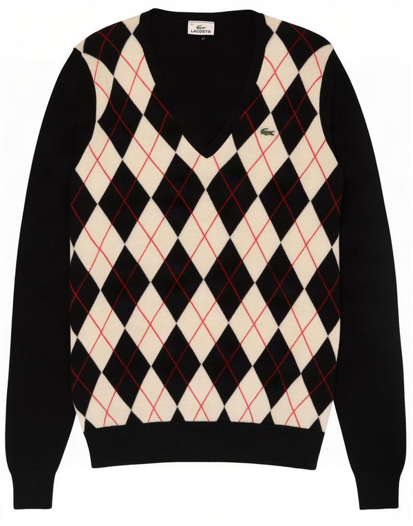 Lacoste Womens V-Neck Jumper Sweater Size 40 Medium Black Argyle/Diamond