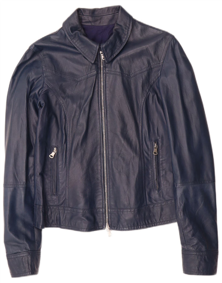 Jachetă de piele vintage pentru femei UK 14 mare, albastru bleumarin