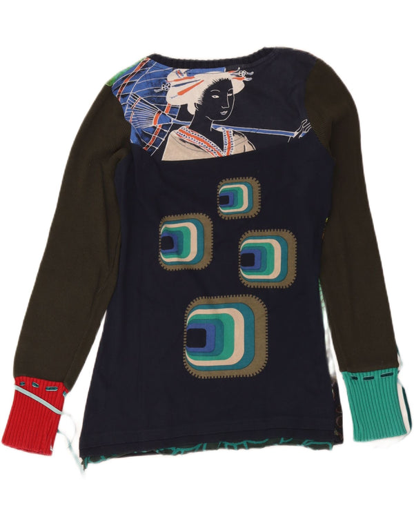 Desigual Top grafic pentru femei cu mânecă lungă UK 14 mare, bleumarin, floral