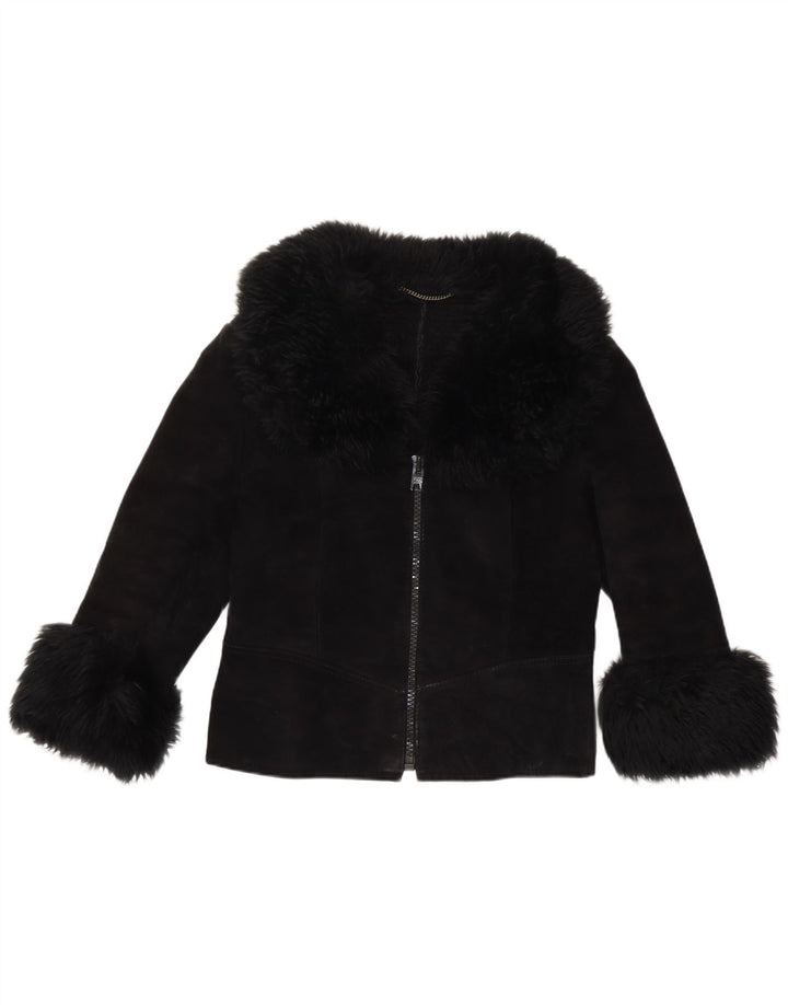 Jachetă vintage pentru femei cu mâneci 3/4 din piele intoarsa UK 10 Small Black