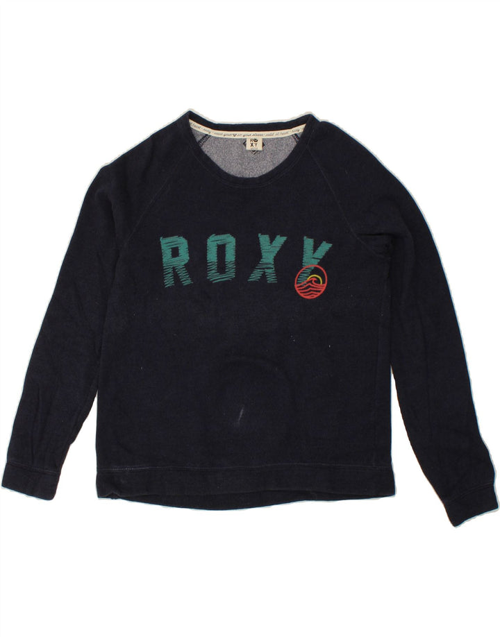 ROXY Womens Graphic Sweatshirt Jumper UK 14 Medium Navy Blue Cotton Vintage Roxy and Second-Hand Roxy from Messina Hembry 