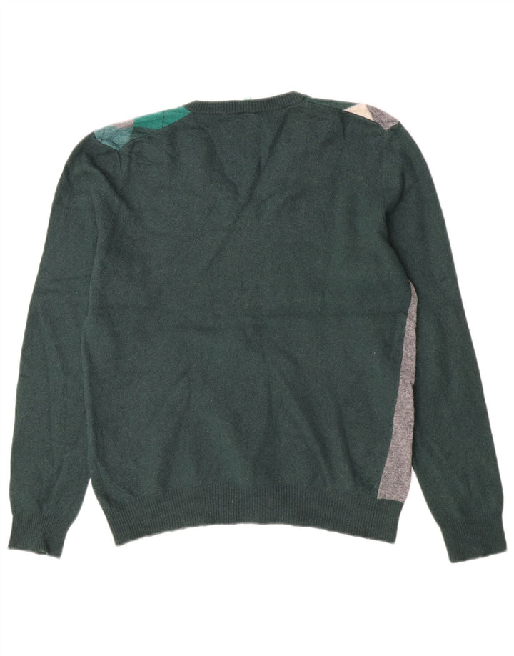 Pulover Benetton pentru femei cu decolteu în V UK 12 Medium Green Argyle/Diamond