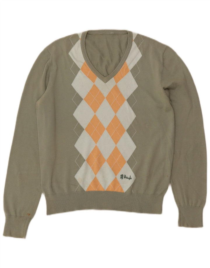 PRINGLE Pulover cu decolteu în V pentru femei UK 14 Medium Khaki Argyle/Diamond