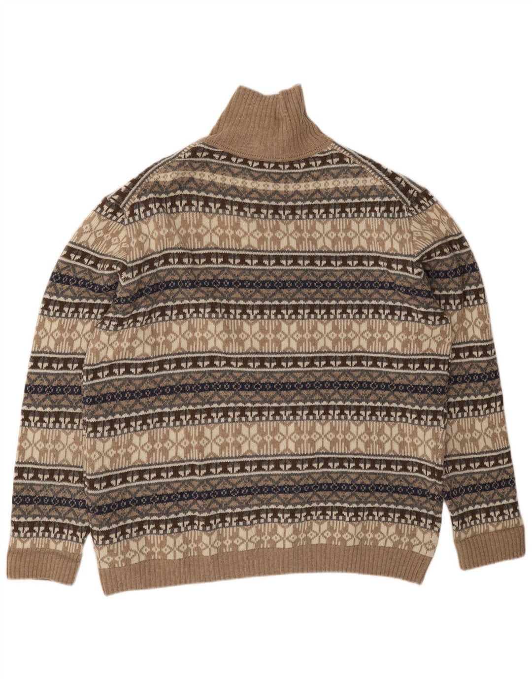 Pulover vintage pentru bărbați cu gât cu nasturi, 4XL, bej, lână de miel Fair Isle