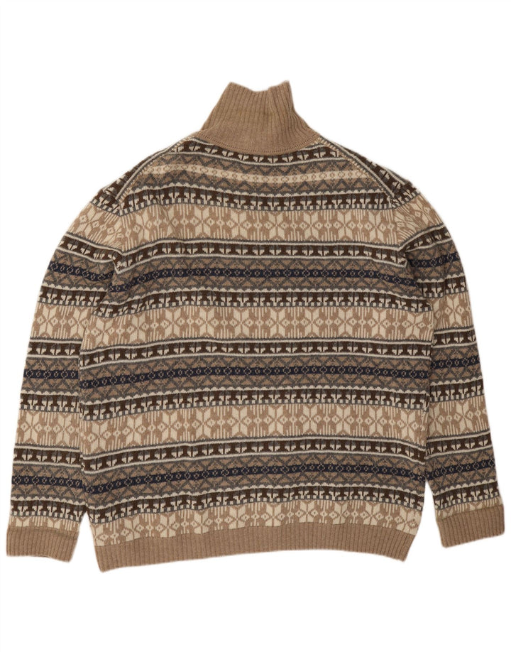 Pulover vintage pentru bărbați cu gât cu nasturi, 4XL, bej, lână de miel Fair Isle