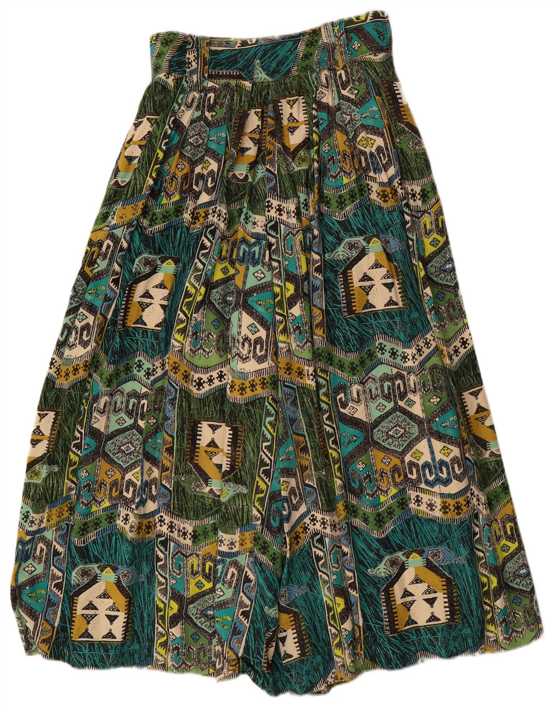 Pantaloni harem pentru femei VINTAGE L28 L22 verde geometric viscoză