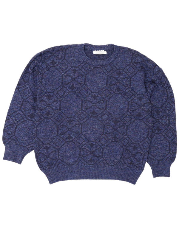 Pulover vintage pentru bărbați cu decolteu rotund XL albastru geometric