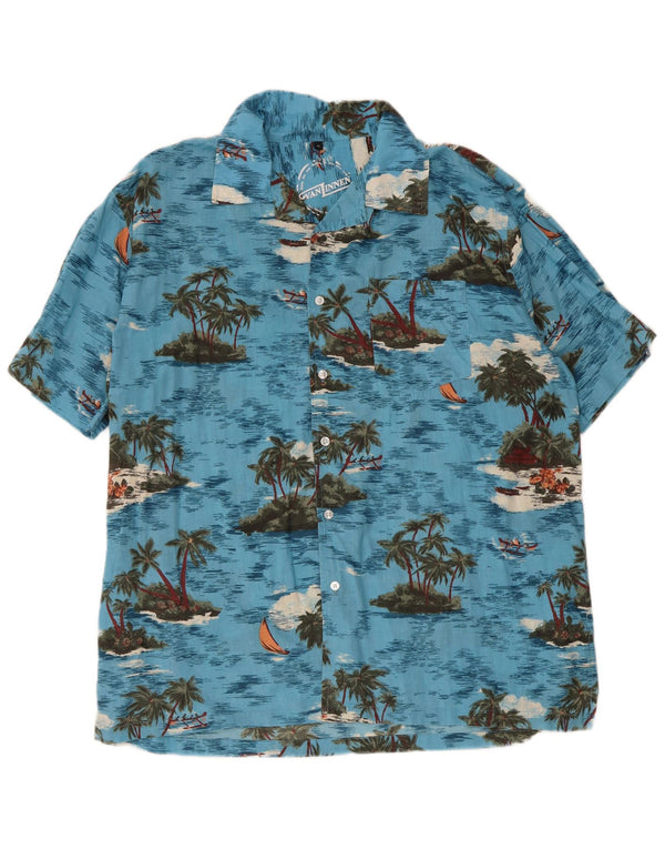 Cămașă hawaiană vintage cu mânecă scurtă pentru bărbați, bumbac albastru XL